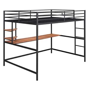 TMEOSK Full Size Metal Loft Bed Frame with Desk and Storage Bookshelves, High Loft Bed with Safety Full-Length Guardrails and Ladders for Boys Girls Teens Adults, No Box Spring Needed (Black)