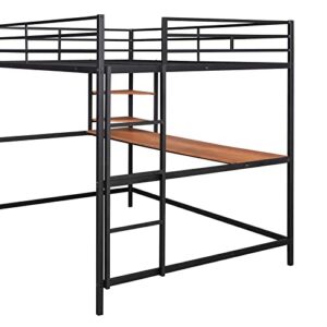 TMEOSK Full Size Metal Loft Bed Frame with Desk and Storage Bookshelves, High Loft Bed with Safety Full-Length Guardrails and Ladders for Boys Girls Teens Adults, No Box Spring Needed (Black)