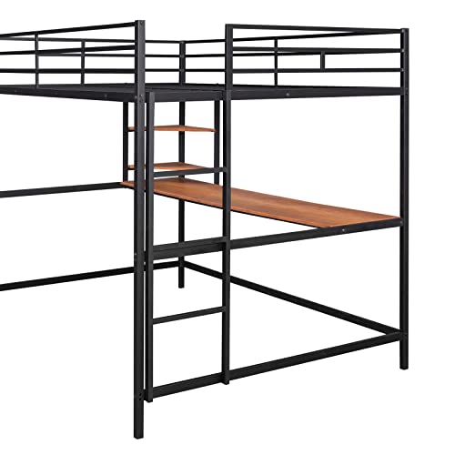 TMEOSK Full Size Metal Loft Bed Frame with Desk and Storage Bookshelves, High Loft Bed with Safety Full-Length Guardrails and Ladders for Boys Girls Teens Adults, No Box Spring Needed (Black)