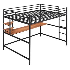 TMEOSK Full Size Metal Loft Bed Frame with Desk and Storage Bookshelves, High Loft Bed with Safety Full-Length Guardrails and Ladders for Boys Girls Teens Adults, No Box Spring Needed (Black)