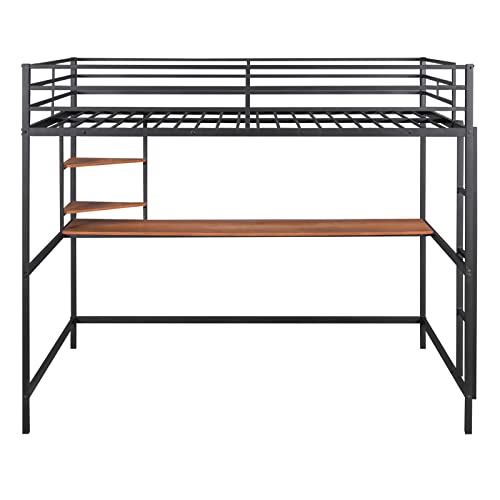 TMEOSK Full Size Metal Loft Bed Frame with Desk and Storage Bookshelves, High Loft Bed with Safety Full-Length Guardrails and Ladders for Boys Girls Teens Adults, No Box Spring Needed (Black)