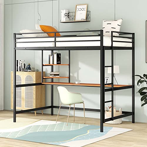 TMEOSK Full Size Metal Loft Bed Frame with Desk and Storage Bookshelves, High Loft Bed with Safety Full-Length Guardrails and Ladders for Boys Girls Teens Adults, No Box Spring Needed (Black)