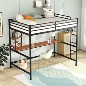 TMEOSK Full Size Metal Loft Bed Frame with Desk and Storage Bookshelves, High Loft Bed with Safety Full-Length Guardrails and Ladders for Boys Girls Teens Adults, No Box Spring Needed (Black)