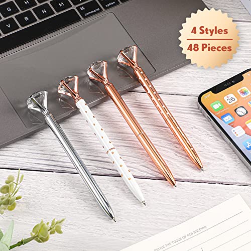48 Pcs Big Diamond Pens Bulk for Bridal Shower Wedding Gift Crystal Metal Bling Ballpoint Pens with Black Ink for Women Bridesmaid Coworkers Office School Supplies (rose gold, silver, white )(rose gold, silver, white)