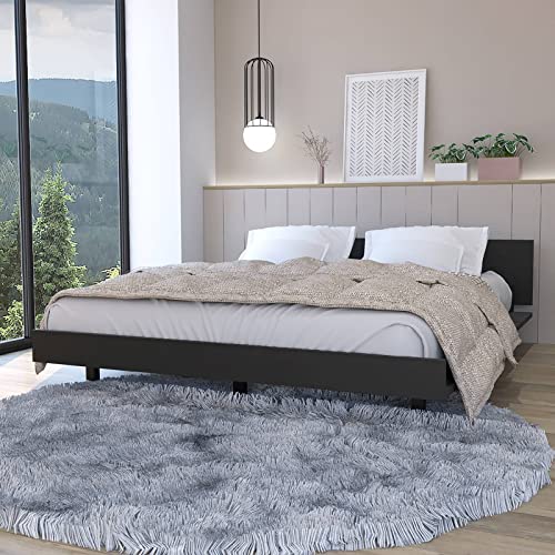 Epinki Queen Bed Frame Black, Particle Board, Low Profile Bed, Easy Assembly