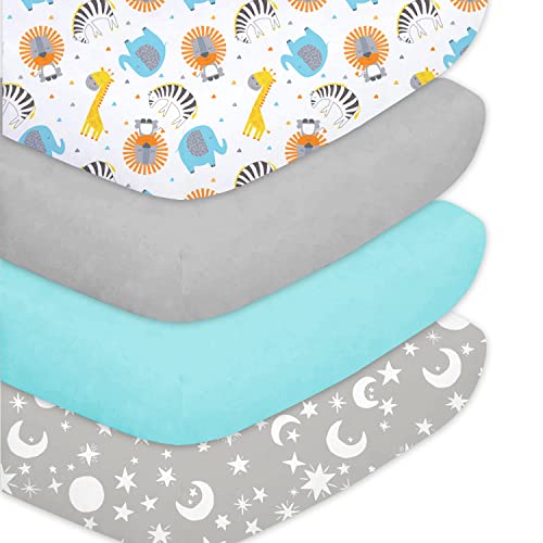 bimocosy Fitted Crib Sheets for Boys 4 Pack, Size 28"x 52" for Standard Crib and Toddler Mattresses, Super Soft Breathable Microfiber Baby Crib Mattress Sheet, Stars/Woodland Animals/Grey/Light Green