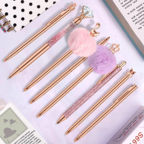 HAOSTANDO 8 Pcs Rose Gold Ballpoint Pen Set Glitter Metal Crystal Diamond Pen Cute Girly Pen Black Ink Pens Gift Pens for Women