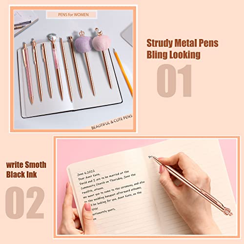 HAOSTANDO 8 Pcs Rose Gold Ballpoint Pen Set Glitter Metal Crystal Diamond Pen Cute Girly Pen Black Ink Pens Gift Pens for Women