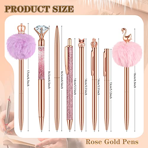 HAOSTANDO 8 Pcs Rose Gold Ballpoint Pen Set Glitter Metal Crystal Diamond Pen Cute Girly Pen Black Ink Pens Gift Pens for Women