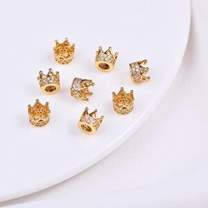 Stiesy 10 Pcs Brass Micro Pave Cubic Zirconia Crown Beads Bulk Long-Lasting Real 18K Gold Plated Spacer Loose Beads for Bracelets Necklace DIY Jewelry Making - 7x5mm