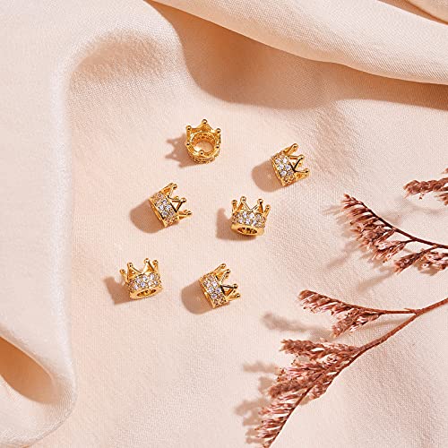 Stiesy 10 Pcs Brass Micro Pave Cubic Zirconia Crown Beads Bulk Long-Lasting Real 18K Gold Plated Spacer Loose Beads for Bracelets Necklace DIY Jewelry Making - 7x5mm