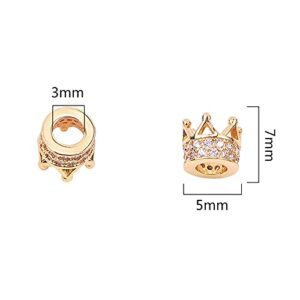 Stiesy 10 Pcs Brass Micro Pave Cubic Zirconia Crown Beads Bulk Long-Lasting Real 18K Gold Plated Spacer Loose Beads for Bracelets Necklace DIY Jewelry Making - 7x5mm