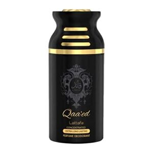 qaa'ed deodorant - 250ml (8.4 oz ) i qaa'ed, 12 pack | oriental deo with a classic combination of oudh, roses & vanilla i energizing oud fragrance i classy unisex scent i summer deo fresh, citrus, pepper i vanilla, jasmine, white musk, ambergris & saffron