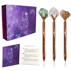 3 pcs rose gold crystal pens - citrine, clear quartz, green aventure healing crystals - for journaling, gratitude, abundance, witchcraft - unique elegant gift box