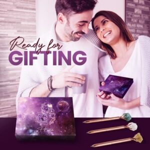 3 Pcs Rose Gold Crystal Pens - Citrine, Clear Quartz, Green Aventure Healing Crystals - For Journaling, Gratitude, Abundance, Witchcraft - Unique Elegant Gift Box