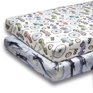 extra soft stretchy pack n play fitted sheet set for baby, 2 pack premium cotton blend mini crib sheets for standard pack n play mattress ,plane and car pattern.