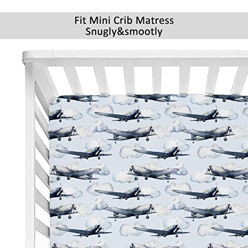 Extra Soft Stretchy Pack N Play Fitted Sheet Set for Baby, 2 Pack Premium Cotton Blend Mini Crib Sheets for Standard Pack N Play Mattress ,Plane and Car Pattern.