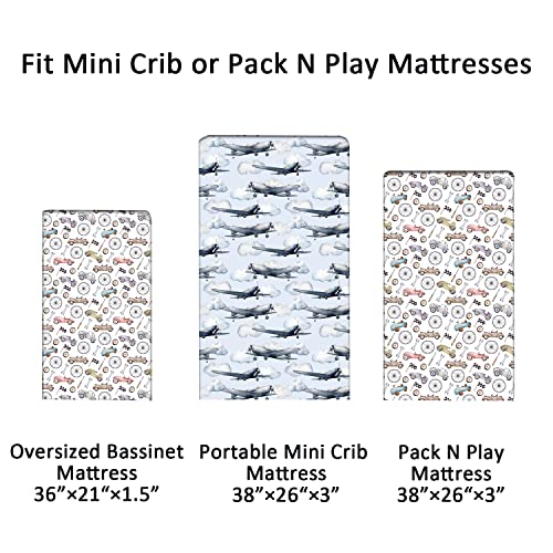 Extra Soft Stretchy Pack N Play Fitted Sheet Set for Baby, 2 Pack Premium Cotton Blend Mini Crib Sheets for Standard Pack N Play Mattress ,Plane and Car Pattern.