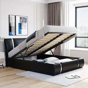 metal queen bed frame queen size upholstered faux leather platform bed with a hydraulic storage system, black