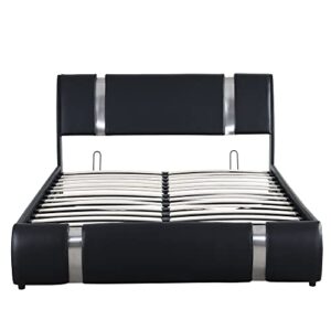 Metal Queen Bed Frame Queen Size Upholstered Faux Leather Platform Bed with a Hydraulic Storage System, Black