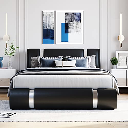 Metal Queen Bed Frame Queen Size Upholstered Faux Leather Platform Bed with a Hydraulic Storage System, Black