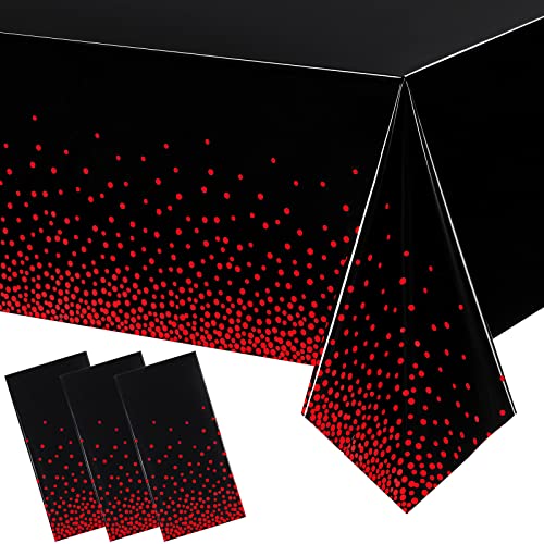 3 Pieces Dot Tablecloth Confetti Rectangle Plastic Disposable Table Cover for Birthday Wedding Baby Shower Engagement Anniversary Bachelorette Party, 54 x 108 Inch (Black and Red)