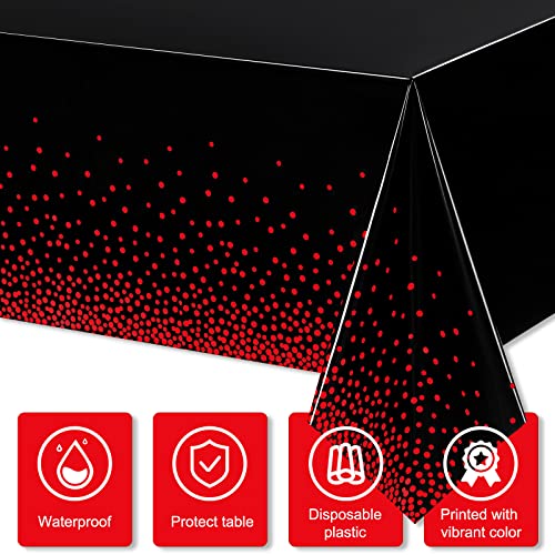 3 Pieces Dot Tablecloth Confetti Rectangle Plastic Disposable Table Cover for Birthday Wedding Baby Shower Engagement Anniversary Bachelorette Party, 54 x 108 Inch (Black and Red)