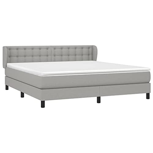 loibinfen King Size Box Spring Bed with Mattress Set, Included 1 x Bed Frame/1 x Headboard with Ears/1 x Mattress/1 x Mattress Topper, Light Gray 76"x79.9" Fabric with Black Legs (Style G)