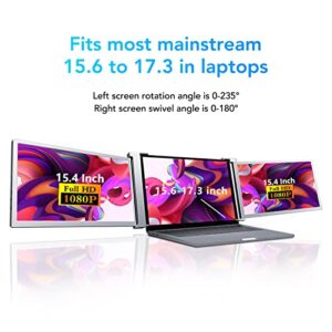 15.4" Laptop Screen Extender | Full HD IPS 1080P Triple Portable Monitor | Dual Monitor Extender | Compatible with 15.6-17.3in Win, OS X | Type C, USB A & HDMI | Plug and Play