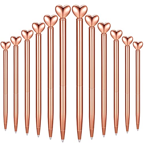 Chinco 12 Pieces Heart Shaped Metal Pens Black Ink Retractable Decorative Cute Pens for Women Girl Heart Writing Ballpoint Pens for Valentines Gifts Office School Wedding (Rose Gold)