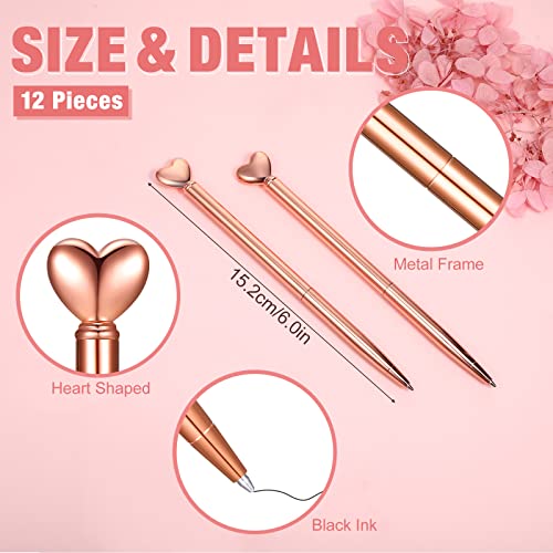 Chinco 12 Pieces Heart Shaped Metal Pens Black Ink Retractable Decorative Cute Pens for Women Girl Heart Writing Ballpoint Pens for Valentines Gifts Office School Wedding (Rose Gold)