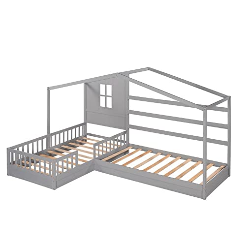 WXYNHHD Wood House Bed Twin Size 2 Twin Solid Bed L Structure with Fence and slatted Frame