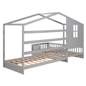 WXYNHHD Wood House Bed Twin Size 2 Twin Solid Bed L Structure with Fence and slatted Frame