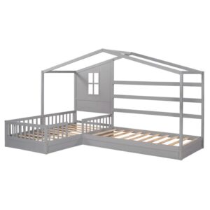 WXYNHHD Wood House Bed Twin Size 2 Twin Solid Bed L Structure with Fence and slatted Frame