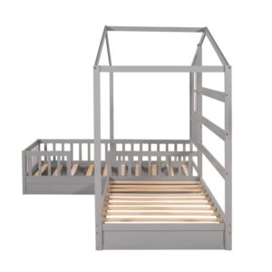 WXYNHHD Wood House Bed Twin Size 2 Twin Solid Bed L Structure with Fence and slatted Frame