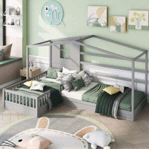 WXYNHHD Wood House Bed Twin Size 2 Twin Solid Bed L Structure with Fence and slatted Frame