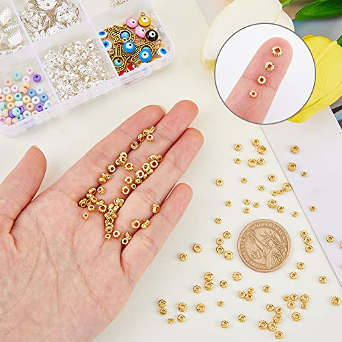 HOBBIESAY 200Pcs 2 Styles 4 Sizes Textured Brass Spacer Beads 2.8~5mm Rondelle Beads Golden Flat Round Beads Long-Lasting Plated Bead for Bracelet Keychain Earring Crafts Making,Hole: 1.2~1.8mm