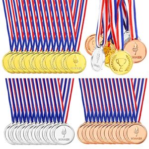 pllieay 48 pieces plastic winner medals, winner award medals, gold silver and bronze medals for sports, competition, talent show, spelling bee, gymnastic birthday party favors and awards