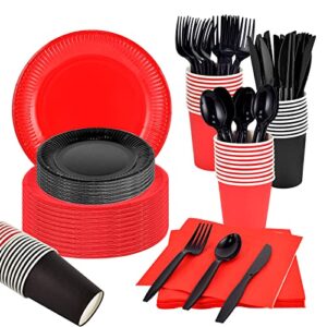 wangdefa 120 pcs red and black plates and napkins party supplies set black and red tableware for party red party supplies set black and red party for red birthday plates table decors