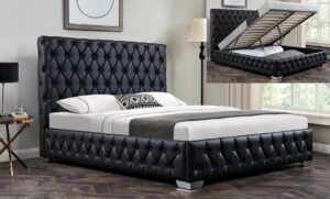 upholstered bed frame with storage, faux leather platform bed frame, no box spring needed, black-full