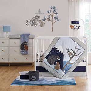 levtex baby - rowan crib bed set - baby nursery set - navy grey white blue taupe - bears and mountains - 5 piece set includes quilt, two fitted sheets, wall decal & skirt/dust ruffle