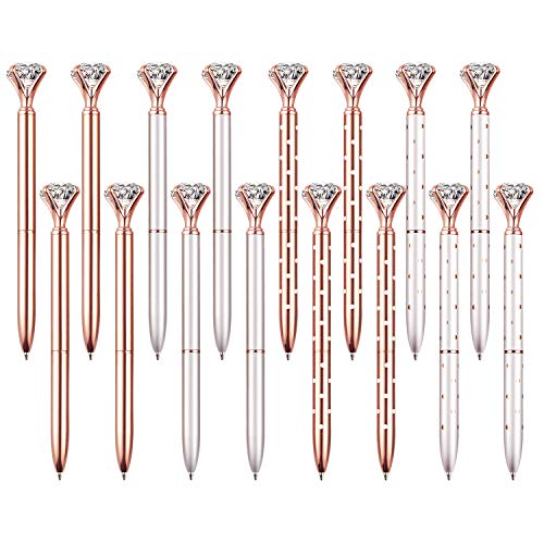 16 PCS Bling Big Crystal Diamond Ballpoint Pen Metal Ballpoint Pens for Office Supplies Gift, Rose Gold/Silver/White With Rose Polka Dots/Rose Gold With White Polka Dots, Includes 16 Pen Refills