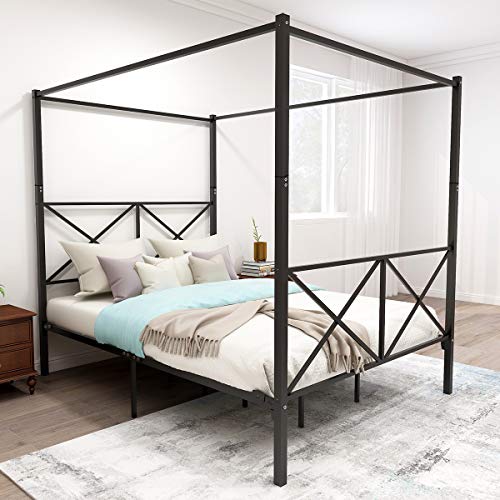 KARHIBLY Metal Canopy Bed Frame, Platform Bed Frame Queen with X Shaped Headboard and Footboard, No Box Spring Needed, Black (Queen)