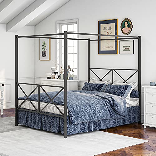 KARHIBLY Metal Canopy Bed Frame, Platform Bed Frame Queen with X Shaped Headboard and Footboard, No Box Spring Needed, Black (Queen)