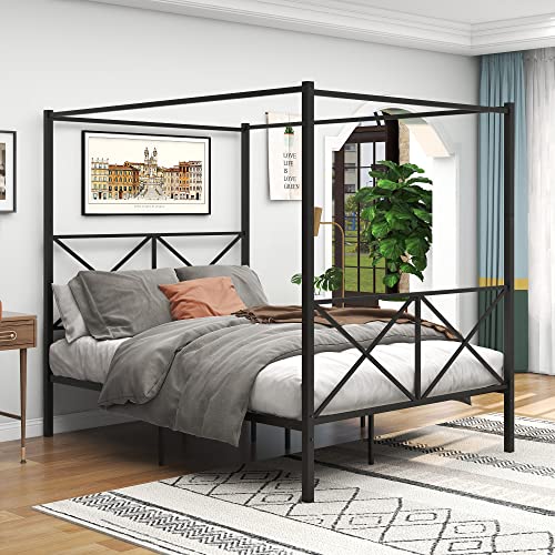 KARHIBLY Metal Canopy Bed Frame, Platform Bed Frame Queen with X Shaped Headboard and Footboard, No Box Spring Needed, Black (Queen)