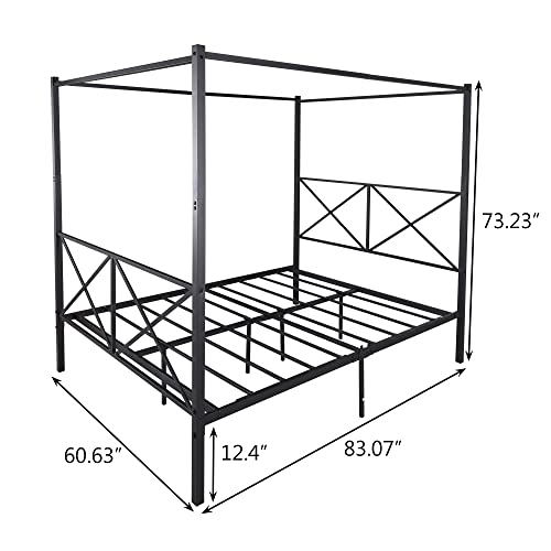 KARHIBLY Metal Canopy Bed Frame, Platform Bed Frame Queen with X Shaped Headboard and Footboard, No Box Spring Needed, Black (Queen)