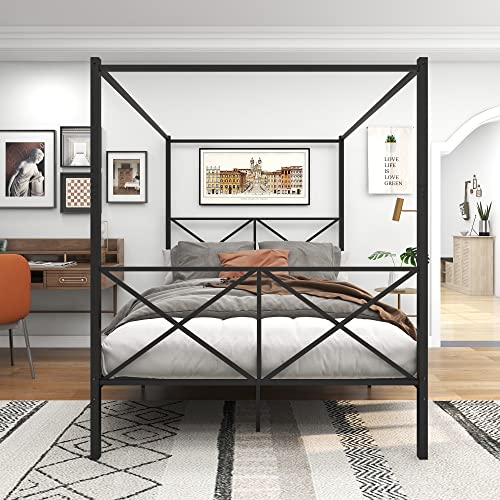 KARHIBLY Metal Canopy Bed Frame, Platform Bed Frame Queen with X Shaped Headboard and Footboard, No Box Spring Needed, Black (Queen)