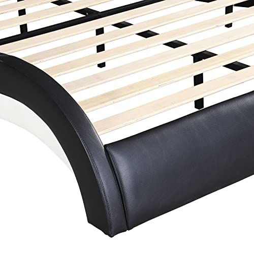 Upholstered Faux Leather Queen Size Bed Frame with LED Lighting,Bluetooth Connection and Backrest Vibration Massage , Queen Bed with Curve Design and Wood Slat Support for Teens Adults ,Black