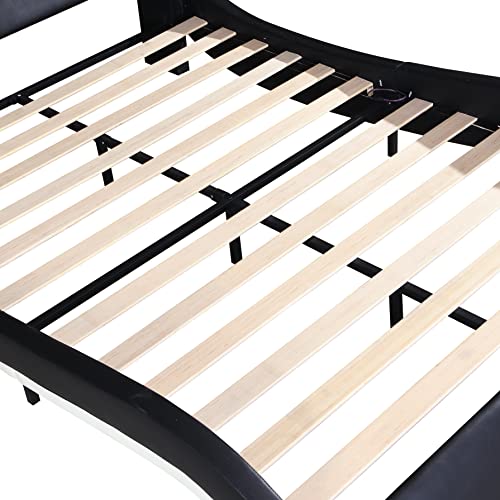 Upholstered Faux Leather Queen Size Bed Frame with LED Lighting,Bluetooth Connection and Backrest Vibration Massage , Queen Bed with Curve Design and Wood Slat Support for Teens Adults ,Black