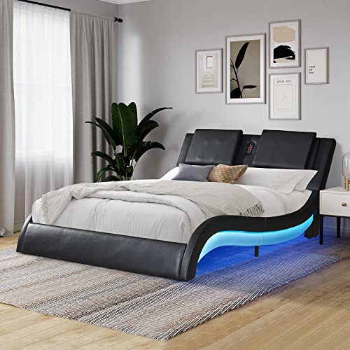 Upholstered Faux Leather Queen Size Bed Frame with LED Lighting,Bluetooth Connection and Backrest Vibration Massage , Queen Bed with Curve Design and Wood Slat Support for Teens Adults ,Black